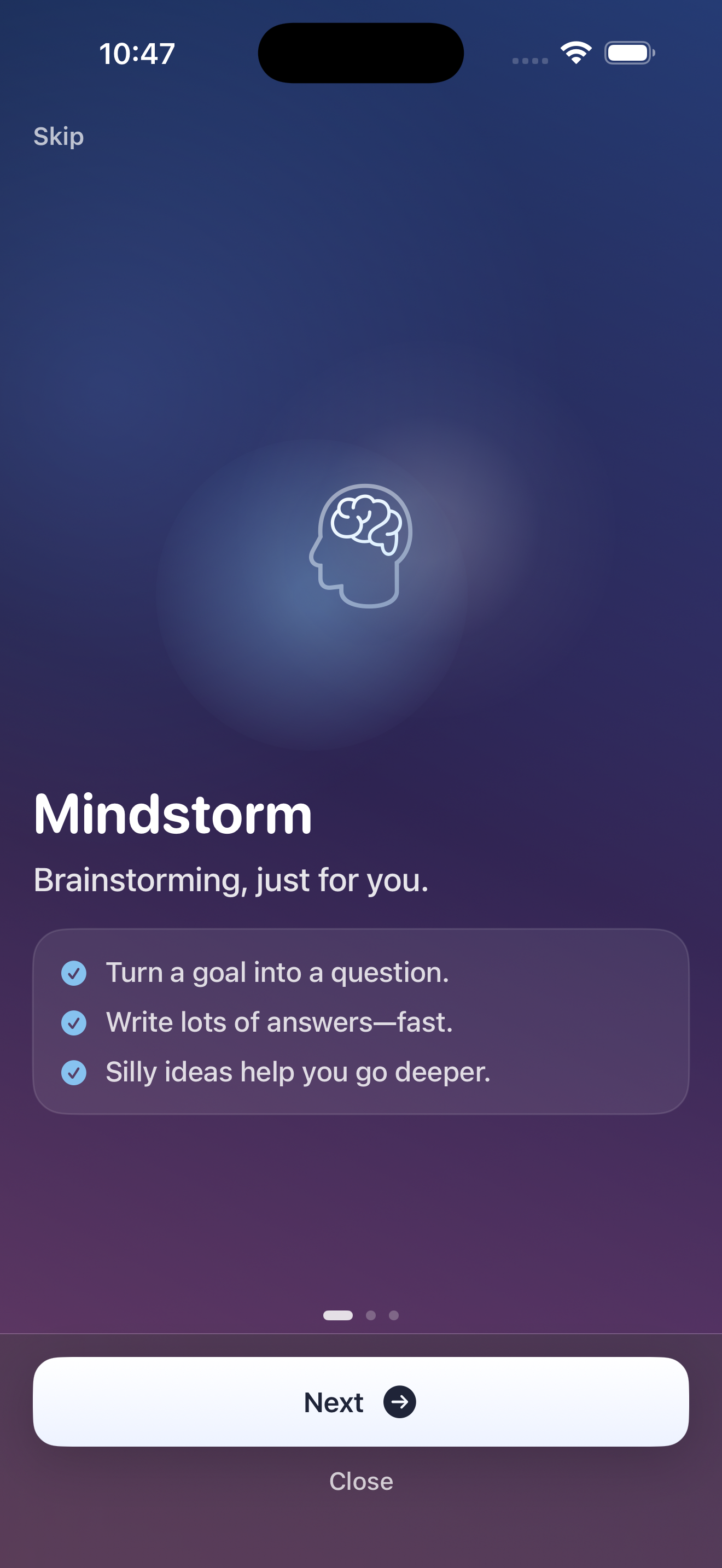 MindStorm onboarding screen